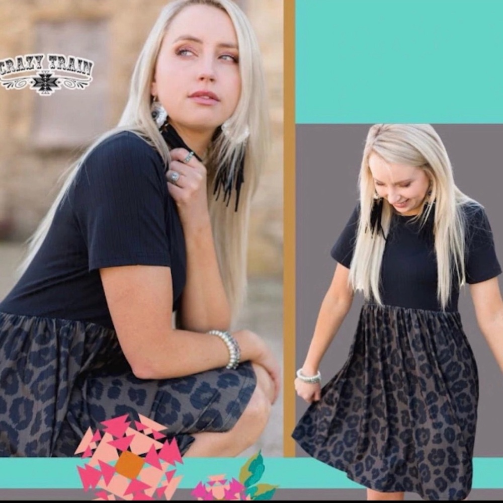 Crazy Train Davis Dress Black Bodice Leopard Skirt New Size L Casual Work Date - Picture 7 of 10